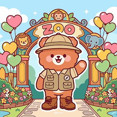 동물 캐릭터 꽃 일러스트 곰 출입구 동물원 귀여움 즐거움 풍선 국내일러스트 AI파일 식물 감정 컨셉 포유류 파일형식 벡터
