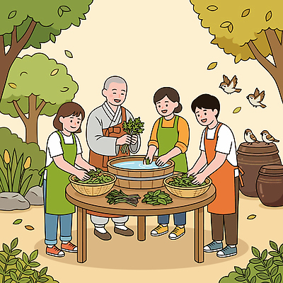 나무 전통 행복 채소 일러스트 가족 모션 조류 요리 여러명 정원 농사 사찰 체험 풀 씻기 나물 다듬기 식사준비 사찰음식 국내일러스트 AI파일 식물 동물 감정 음식 다수 컨셉 농업 불교 관계 종교건축 사람 청결 준비 파일형식 벡터