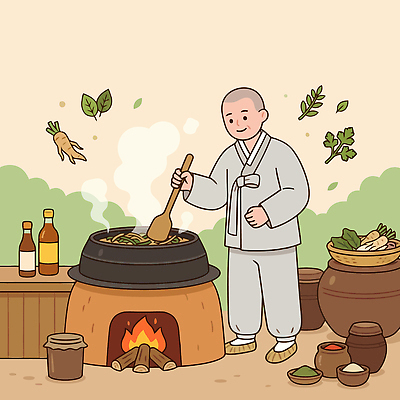 전통 음식 채소 일러스트 재료 자연 불 한국 요리 사람 사찰 체험 뜨거움 솥 사찰음식 국내일러스트 AI파일 자연요소 아시아 컨셉 불교 종교건축 주방용품 생태계 파일형식 벡터