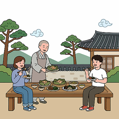 나무 문화 일러스트 가족 한국 요리 웃음 친구 식사 만남 전통음식 사찰 체험 승려 점심 사찰음식 국내일러스트 AI파일 식물 전통 아시아 음식 컨셉 불교 관계 종교건축 표정 성직자 파일형식 벡터