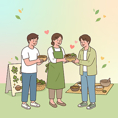 여자 남자 음식 일러스트 재료 가족 요리 야외 친구 바구니 모임 만남 사찰 체험 즐거움 나누기 소통 사찰음식 국내일러스트 AI파일 감정 컨셉 불교 관계 종교건축 사람 파일형식 벡터