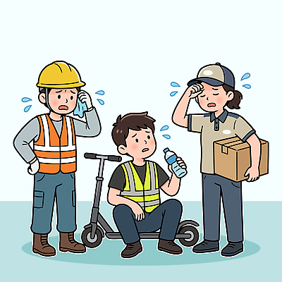 일러스트 휴식 노동자 피곤 대화 사람 물 스쿠터 조끼 작업 더위 안전모 배송 직원 땀 힘듦 국내일러스트 폭염대비 AI파일 자연요소 직업 컨셉 날씨 말하기 외투 오토바이 대비 헬멧 안전장비 파일형식 벡터