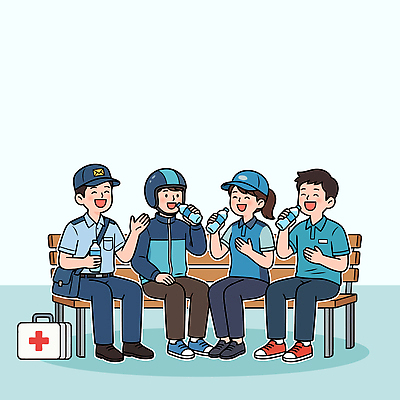 벤치 일러스트 협력 휴식 노동자 대화 웃음 물 더위 국내일러스트 폭염대비 AI파일 자연요소 직업 컨셉 의자 날씨 표정 말하기 대비 파일형식 벡터