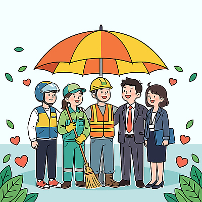 직업 일러스트 우산 협력 노동자 건강 작업복 대화 여러명 환경 더위 청소 지원 국내일러스트 폭염대비 AI파일 옷 다수 날씨 말하기 사람 대비 파일형식 벡터