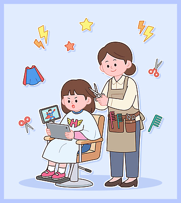 어린이 의자 일러스트 태블릿 뷰티 머리 도구 작업 미용실 미용사 자르기 집중 즐거움 국내일러스트 AI파일 직업 감정 가구 컨셉 모션 사람 신체부위 전자제품 스마트기기 뷰티샵 파일형식 벡터