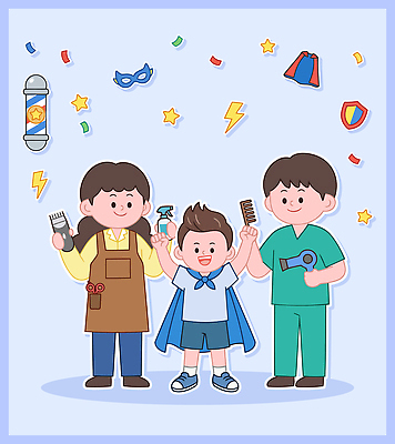 어린이 일러스트 웃음 장난감 뷰티 도구 미용실 망토 미용사 이발 즐거움 슈퍼맨 국내일러스트 AI파일 직업 감정 표정 사람 뷰티샵 영웅 파일형식 벡터