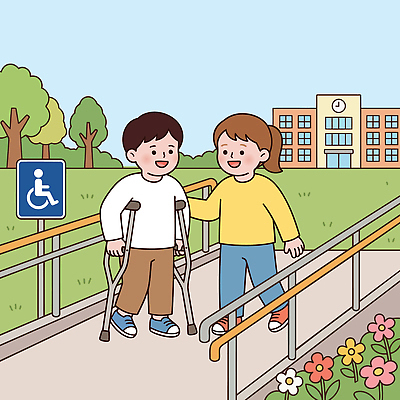 꽃 어린이 일러스트 학교 협력 친절 함께함 건강 웃음 친구 걷기 도움 장애인 목발 소통 국내일러스트 AI파일 식물 교육 컨셉 관계 의료기기 모션 표정 사람 장애 파일형식 벡터