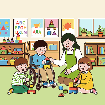 교육 어린이 일러스트 교실 놀이 함께함 성인 학습 장난감 교사 블록 휠체어 지원 국내일러스트 AI파일 직업 컨셉 학교 사람 파일형식 벡터