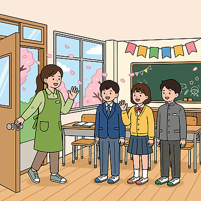 학생 교육 꽃 어린이 일러스트 창문 교실 학교 수업 웃음 친구 교사 봄 벚꽃 인사 책상 손흔들기 국내일러스트 AI파일 식물 직업 계절 가구 관계 모션 표정 사람 예절 파일형식 벡터