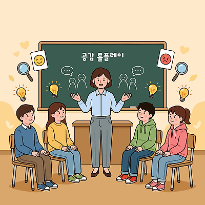 교육 감정 일러스트 교실 학교 모션 상상 협력 이야기 대화 친구 학습 교사 집중 소통 공감 역할 참여 국내일러스트 AI파일 직업 컨셉 관계 말하기 파일형식 벡터