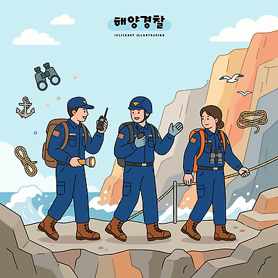 바다 일러스트 자연 조류 협력 안전 해변 걷기 망원경 장비 바위 손전등 동료 해양경찰 해양경찰의날 국내일러스트 AI파일 동물 관계 모션 조명 경찰 생태계 파일형식 벡터 법정기념일