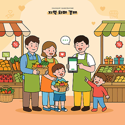행복 어린이 채소 과일 일러스트 가족 경제 쇼핑 태블릿 상점 거래 아빠 구매 상인 고객 지역 과일바구니 지역화폐 국내일러스트 AI파일 감정 돈 관계 사람 전자제품 스마트기기 바구니 파일형식 벡터