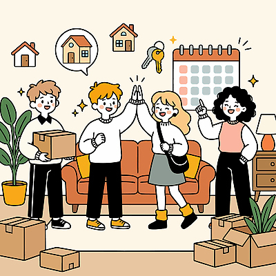 식물 행복 거실 일러스트 협력 주택 실내 웃음 청년 일상 친구 상자 소파 모임 만남 달력 축하 센터 이사 키 하이파이브 복지시설 지원 청년정책 국내일러스트 AI파일 감정 컨셉 의자 관계 표정 손짓 성인 내부 건물 라이프 복지 시설 파일형식 벡터