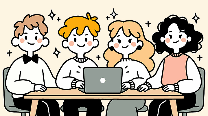 캐릭터 일러스트 모션 탁자 협력 웃음 청년 친구 컴퓨터 모임 그룹 센터 즐거움 소통 복지시설 지원 청년정책 국내일러스트 AI파일 감정 가구 컨셉 관계 표정 성인 전자제품 복지 시설 파일형식 벡터