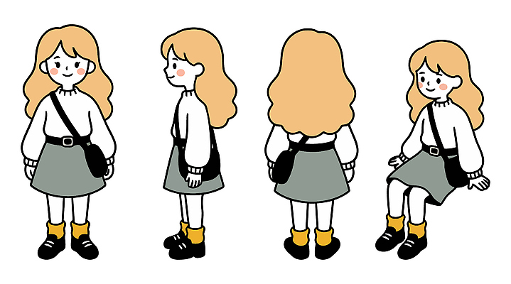 캐릭터 디자인 포즈 신발 가방 일러스트 양말 서기 앉기 소녀 청년 옆모습 치마 머리 국내일러스트 AI파일 잡화 여자 어린이 뷰포인트 모션 하의 성인 신체부위 파일형식 벡터