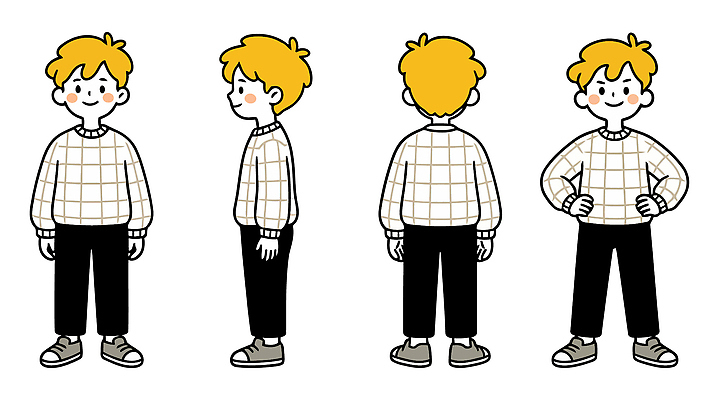 캐릭터 옷 어린이 일러스트 표정 웃음 소년 청년 앞모습 옆모습 뒷모습 스웨터 체크무늬 각도 스타일 국내일러스트 AI파일 남자 뷰포인트 상의 무늬 사람 성인 파일형식 벡터