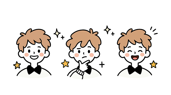 캐릭터 감정 얼굴 생각 일러스트 표정 미소 웃음 사람 소년 청년 귀여움 기쁨 즐거움 고민 그림 단순화된 국내일러스트 AI파일 남자 어린이 컨셉 성인 신체부위 파일형식 벡터