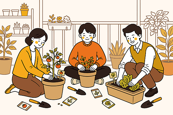 식물 화분 화초 토마토 일러스트 가족 모션 실내 사람 친구 환경 흙 도구 동료 손질 가꾸기 식물심기 심기 홈가드닝 국내일러스트 AI파일 채소 관계 내부 원예 파일형식 벡터