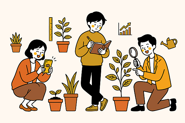 식물 화분 일러스트 모션 협력 실험 사람 생활 세명 친구 스마트폰 환경 공책 성장 관찰 기록 원예 확대경 관심 홈가드닝 국내일러스트 AI파일 관계 문구용품 취미 핸드폰 스마트기기 파일형식 벡터