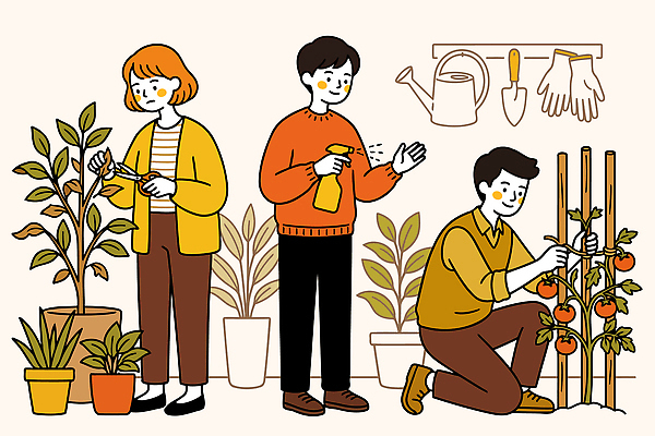 식물 화분 토마토 일러스트 모션 협력 사람 농작물 농사 성장 도구 물주기 손질 가꾸기 지지대 홈가드닝 국내일러스트 AI파일 농업 채소 원예 파일형식 벡터
