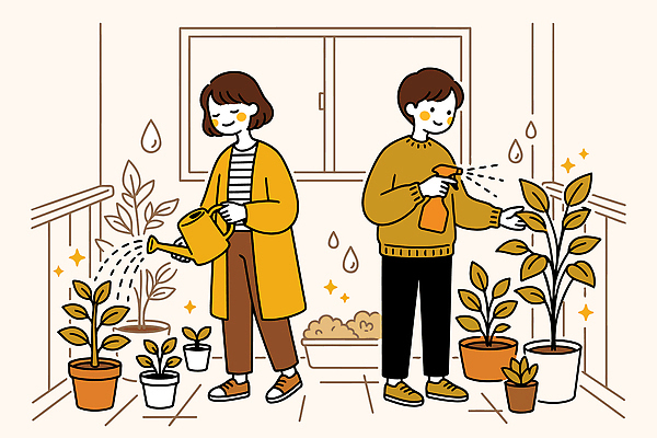 식물 화분 일러스트 실내 대화 취미 생활 물뿌리개 물주기 친환경 원예 분무기 초보 홈가드닝 국내일러스트 AI파일 모션 말하기 내부 환경 파일형식 벡터