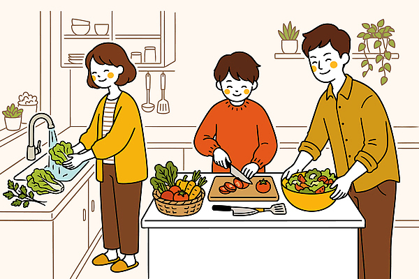 손 음식 채소 과일 일러스트 재료 가족 식탁 주방용품 건강 요리 사람 주방 식사 샐러드 씻기 자르기 준비 조리대 홈가드닝 국내일러스트 AI파일 식물 생활용품 관계 모션 탁자 신체부위 청결 원예 파일형식 벡터