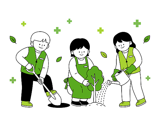 나무 식물 일러스트 모션 자연 협력 나뭇잎 사람 환경 흙 성장 도구 삽 물주기 원예 심기 세계환경의날 국내일러스트 AI파일 잎 취미 생태계 파일형식 벡터 법정기념일