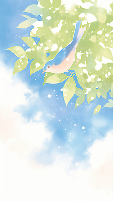 JPG 나무 일러스트 상상 자연 조류 하늘 나뭇잎 꿈 비행 파랑새 국내일러스트 AI일러스트 AI콘텐츠 식물 동물 잎 생태계 파일형식