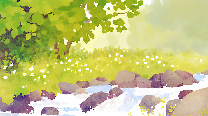 JPG 꽃 꽃밭 일러스트 자연 풍경 초록색 물 여름 강 계곡 흐름 바위 시원함 국내일러스트 AI일러스트 AI콘텐츠 자연요소 식물 계절 컬러 컨셉 생태계 파일형식