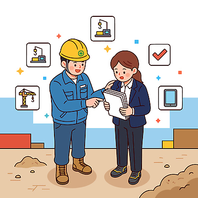 여자 남자 건축 일러스트 협력 관리 공사 대화 자료 업무 작업 안전모 직원 문서 기획 점검 소통 프로젝트 국내일러스트 AI파일 컨셉 건설업 말하기 사람 헬멧 안전장비 파일형식 벡터