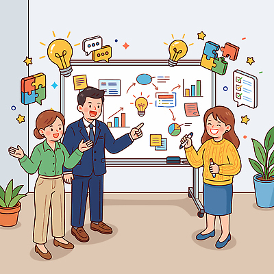교육 일러스트 비즈니스 회의 협력 아이디어 설명 사람 그래픽 사무실 자료 칠판 듣기 정보 그룹 프레젠테이션 소통 프로젝트 브레인스토밍 국내일러스트 AI파일 컨셉 모션 파일형식 벡터