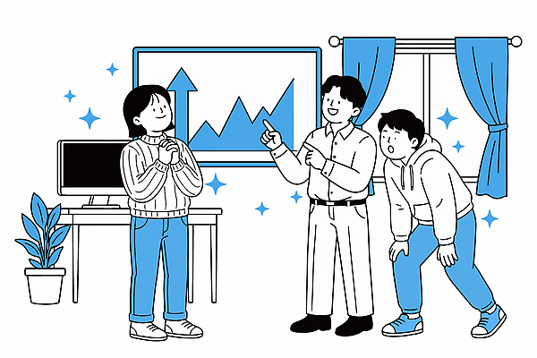 일러스트 그래프 대화 설명 사람 경제 스크린 자료 공간 정보 주식 집중 분석 투자 상승 의견 의사소통 국내일러스트 AI파일 컨셉 비즈니스 모션 말하기 금융 파일형식 벡터