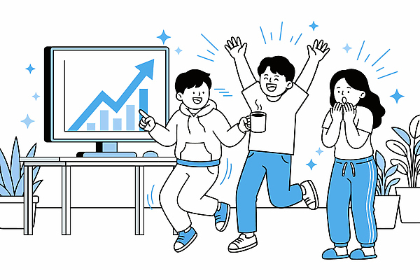 행복 커피 일러스트 모션 성공 그래프 직장 웃음 여러명 경제 친구 사무실 스크린 기쁨 만남 축하 변화 주식 투자 상승 국내일러스트 AI파일 감정 음료 다수 컨셉 회사 비즈니스 관계 표정 사람 금융 파일형식 벡터