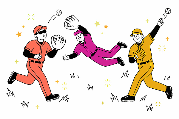 스포츠 포즈 유니폼 일러스트 공 모션 놀이 협력 운동선수 경기 잔디 점프 장비 야구 야구선수 던지기 연습 즐거움 국내일러스트 AI파일 식물 옷 감정 구기 파일형식 벡터