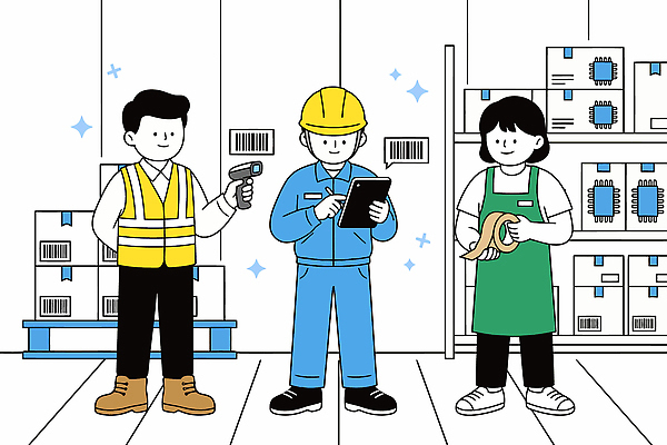 일러스트 비즈니스 포장 협력 노동자 관리 작업복 안전 라벨 도구 메모지 작업 상품 헬멧 창고 반도체 반도체산업 점검 물류 수출업 스캔 역할 재고 국내일러스트 AI파일 직업 옷 산업 프레임 사무용품 보호장비 파일형식 벡터