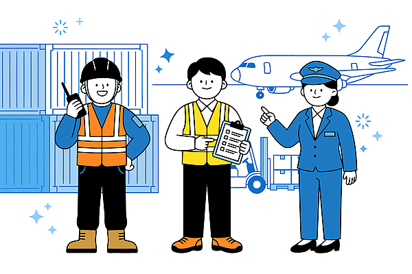 산업 교통 일러스트 비즈니스 모션 협력 비행기 관리 화물 운송업 작업 운반 공항 컨테이너 직원 문서 반도체 무전기 반도체산업 물류 수출업 안전조끼 항공사 국내일러스트 AI파일 항공교통 교통시설 무선통신 대중교통 파일형식 벡터