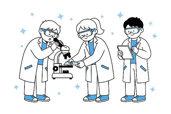 학생 교육 과학 일러스트 협력 현미경 실험기구 실험 학습 견본 자료 관찰 실험복 그룹 연구원 분석 과학의날 국내일러스트 AI파일 직업 컨셉 모션 가운 파일형식 벡터 법정기념일