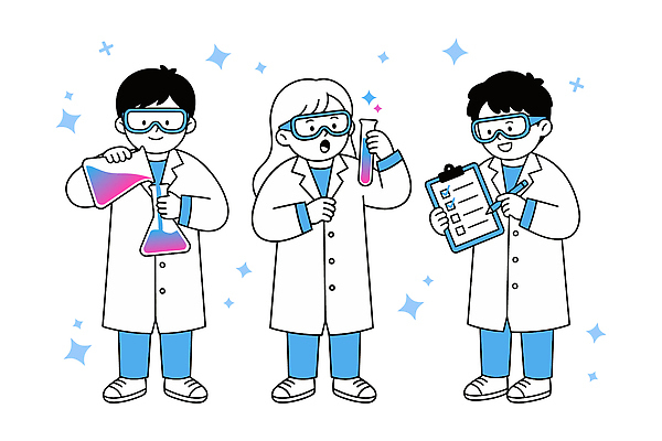 학생 과학 일러스트 수업 협력 실험기구 실험 학습 자료 관찰 기록 화학 실험실 플라스크 분석 과제 과학의날 물질 조작 국내일러스트 AI파일 교육 컨셉 모션 파일형식 벡터 법정기념일