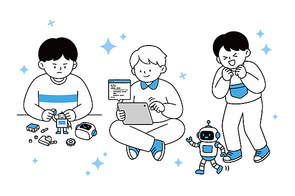 교육 과학 일러스트 모션 놀이 기술 학습 컴퓨터 장난감 기계 로봇 즐거움 조립 과학의날 소프트웨어 창의성 프로그래밍 국내일러스트 AI파일 감정 전자제품 작업 개발 파일형식 벡터 법정기념일