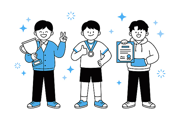 학생 일러스트 학교 모션 성공 협력 친구 기쁨 축하 우승 수상 상패 메달 과학의날 시상식 국내일러스트 AI파일 교육 감정 컨셉 관계 최고 상_우승 상_상패 파일형식 벡터 법정기념일