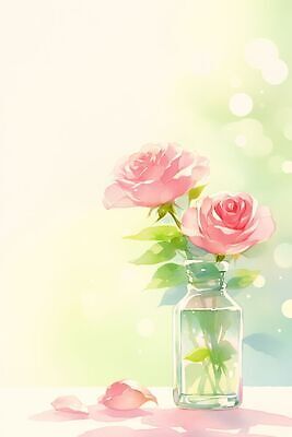 JPG 식물 꽃잎 꽃 백그라운드 일러스트 탁자 유리병 수채화 사랑 장미 국내일러스트 AI일러스트 AI콘텐츠 감정 가구 병_용기 파일형식