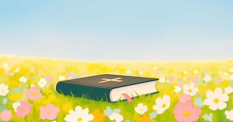 JPG 꽃 기독교 종교 일러스트 자연 하늘 휴식 초원 책 평화 성경 봄 국내일러스트 AI일러스트 AI콘텐츠 식물 계절 컨셉 종교용품 생태계 파일형식