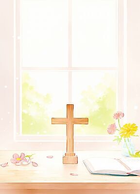 JPG 나무 꽃 기독교 종교 십자가 일러스트 자연 탁자 책 봄 창가 국내일러스트 AI일러스트 AI콘텐츠 식물 계절 가구 창문 생태계 파일형식