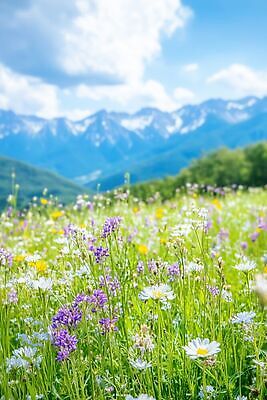 JPG 편집이미지 꽃 꽃밭 자연 하늘 산 풍경 봄 들꽃 편집실사 AI포토 AI콘텐츠 식물 계절 CG 생태계 파일형식