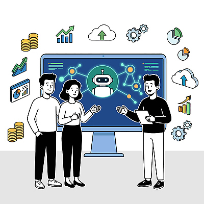 일러스트 비즈니스 회의 그래프 기술 이야기 여러명 컴퓨터 스크린 자료 정보 로봇 분석 투자 창의성 국내일러스트 AI파일 다수 컨셉 사람 전자제품 파일형식 벡터