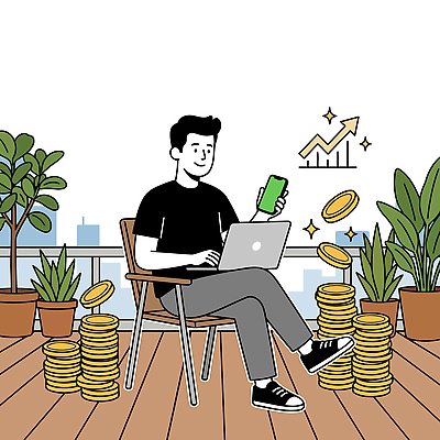 식물 남자 돈 일러스트 회사 모션 성공 그래프 기술 금융 경제 노트북 스마트폰 성장 발코니 재산 투자 수익 국내일러스트 AI파일 컨셉 비즈니스 사람 전자제품 핸드폰 스마트기기 파일형식 벡터