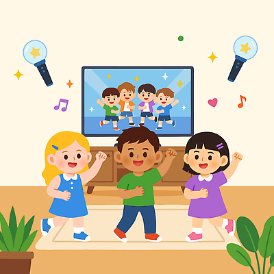 어린이 음악 거실 일러스트 노래 가족 모션 놀이 집안 실내 친구 파티 스크린 텔레비전 춤 즐거움 다문화 아이돌 케이팝 응원봉 국내일러스트 AI파일 감정 관계 응원 문화예술 사람 이벤트 내부 전자제품 사회이슈 연예인 파일형식 벡터