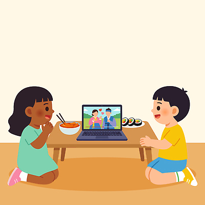 어린이 음식 일러스트 모션 집안 함께함 대화 웃음 친구 노트북 스크린 식사 즐거움 다문화 국내일러스트 AI파일 감정 컨셉 관계 실내 표정 말하기 사람 전자제품 사회이슈 파일형식 벡터