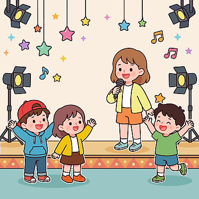 행복 어린이 음악 일러스트 노래 응원 모션 친구 공연 무대 군중 공연장 마이크 즐거움 스타 크리에이터 국내일러스트 AI파일 직업 감정 음향기기 관계 문화예술 사람 이벤트 극장 파일형식 벡터 1인미디어