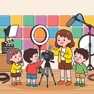 교육 어린이 일러스트 모션 스튜디오 조명 학습 카메라 촬영 장비 그룹 즐거움 영상 실습 소통 촬영장비 크리에이터 국내일러스트 AI파일 직업 감정 컨셉 사람 전자제품 도구 파일형식 벡터 1인미디어